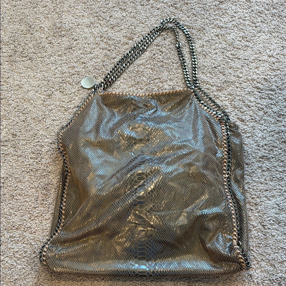 Stella McCartney Metallic Taupe Faux-Snake Falabella Tote with Chain Trim